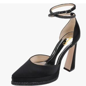 XYD Black Pointed Toe Platforms Crystal Ankle Wrap Strappy Block Heels Sandal